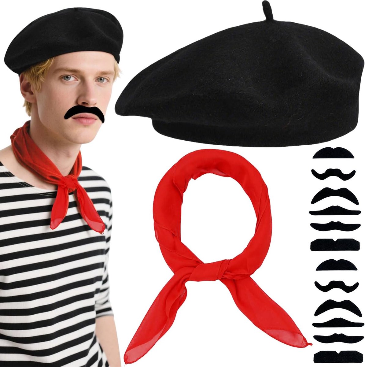 Accessoires voor uniseks Frans kostuum, 14-delige set met bril, snor en sjaal, voor volwassenen, geschikt voor carnaval, maskerade, Halloween en cosplay