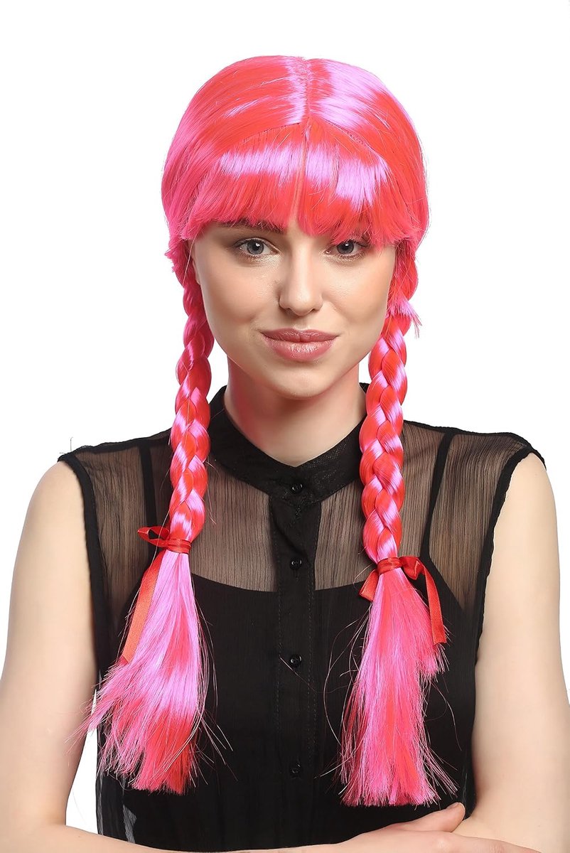 Damespruik, Carnaval, Cosplay, Gevlochten haar met strikjes, Pony, Schoolmeisje, Lolita-stijl, Roze, Ca. 60 cm
