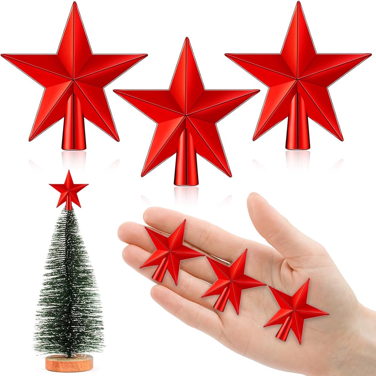 6 cm kerstboomtopper klein, 3 stuks kleine kerstboomtopper, kleine kerstboom ster punt, mini boompunt kerstmis voor kleine kerstboom decoratie (6 cm-glansfinish: rood)