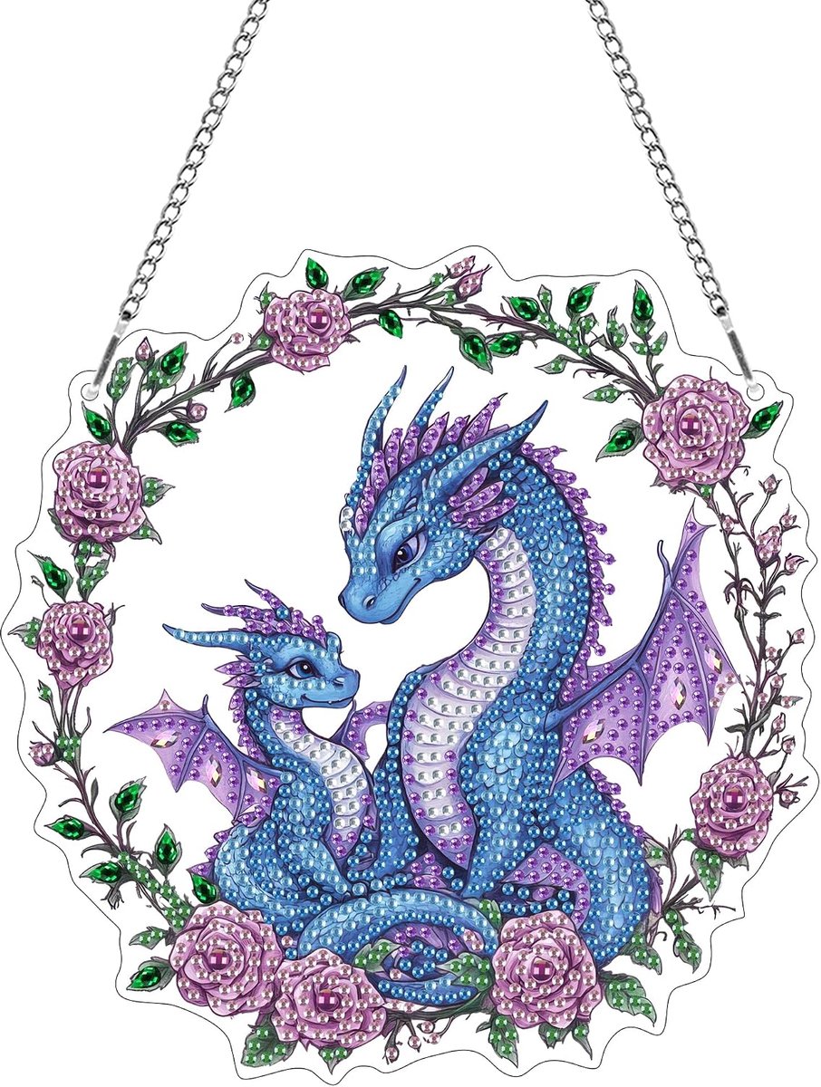 Draak Diamond Painting Hanger met Ketting,Dier Diamond Painting Raamafbeeldingen, Wandophangkits voor Veranda, Raam, Muur, Tuin, Decoratie 20 x 20 cm(Draak)