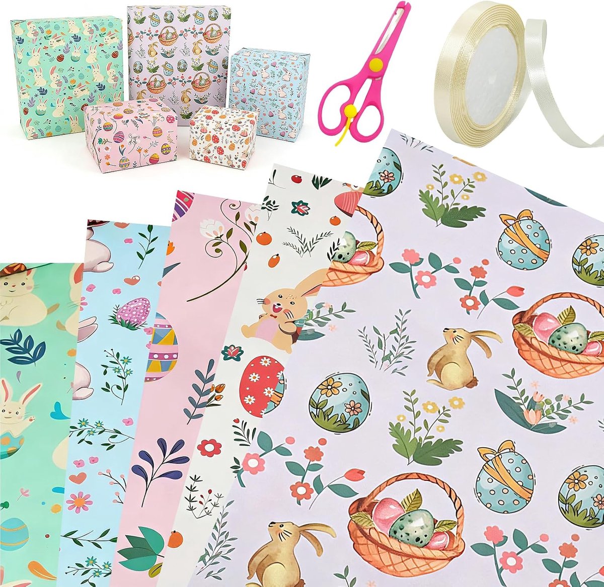 Cadeaupapier voor Pasen, 10 vellen paascadeaupapier, 70 x 50 cm, cadeaupapier voor Pasen, rol met paaseieren, paashaas, voor paasgeschenken, verjaardagen, feesten, lente