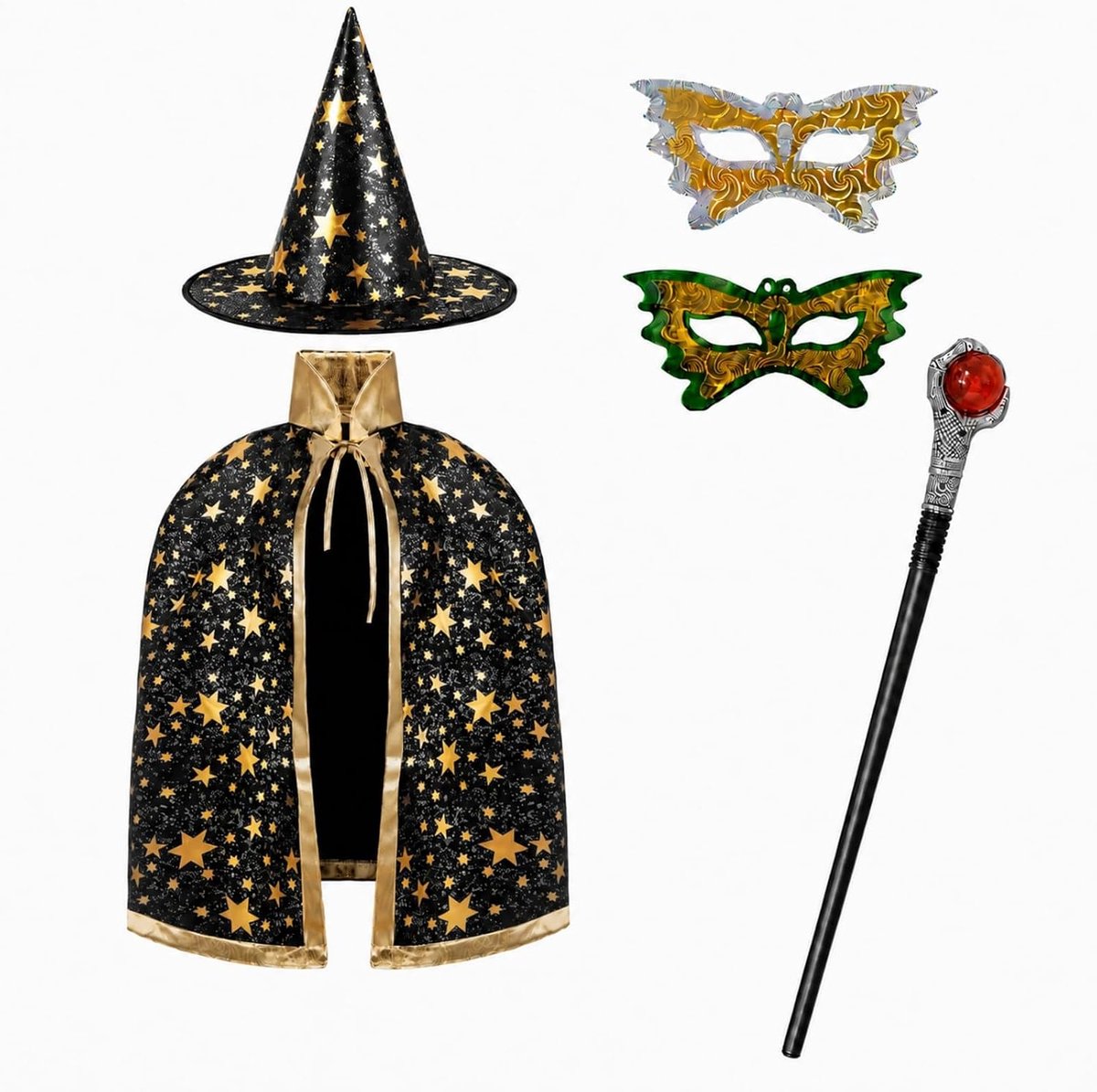 Halloweenkostuum voor kinderen: Tovenaars- of heksenmantel met hoed, toverstaf, oogmasker en magische accessoires – Outfit in heksenstijl voor Halloween, cosplay, carnaval en themafeesten