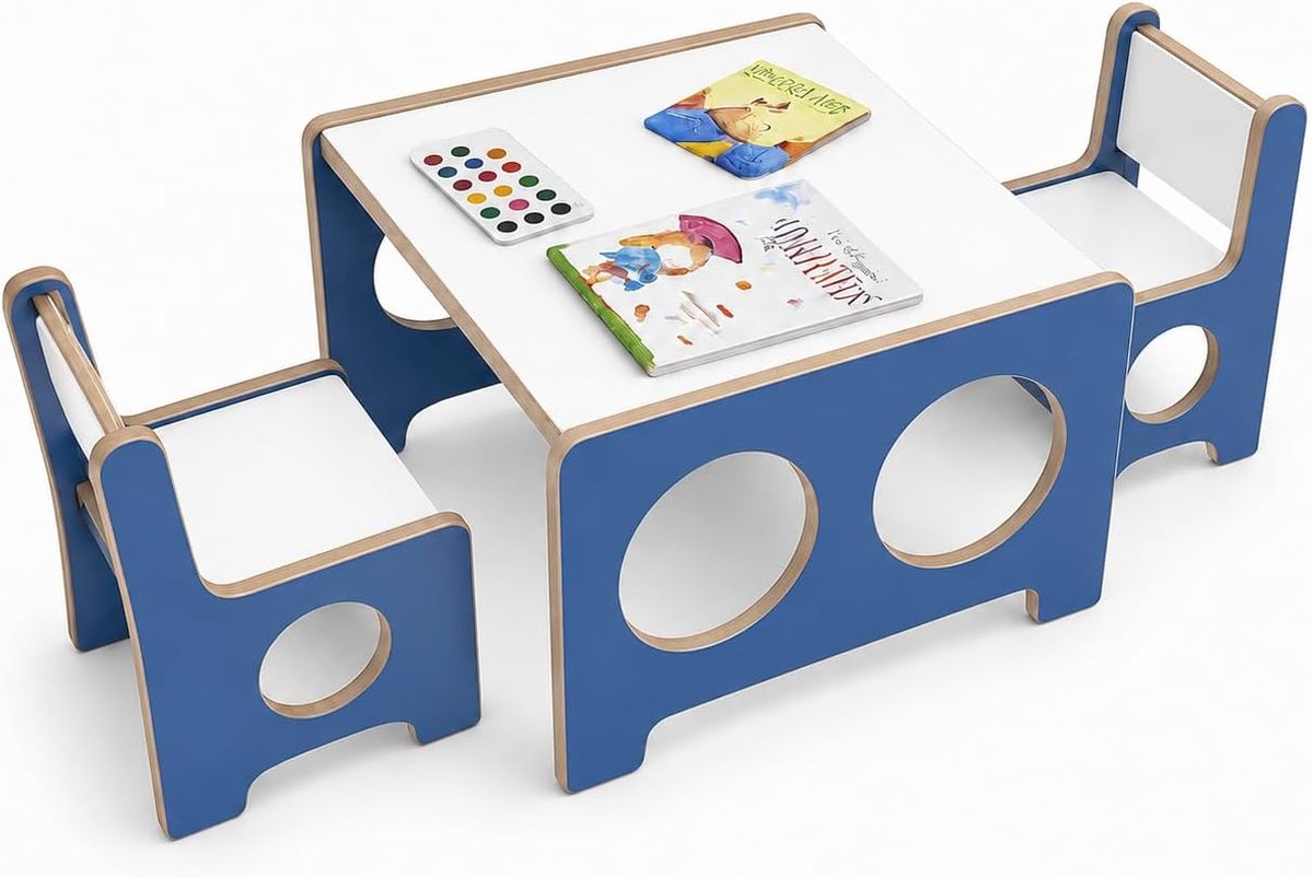 2 Stoelen, Montessori Speeltafel, Kinderbureau Blauw