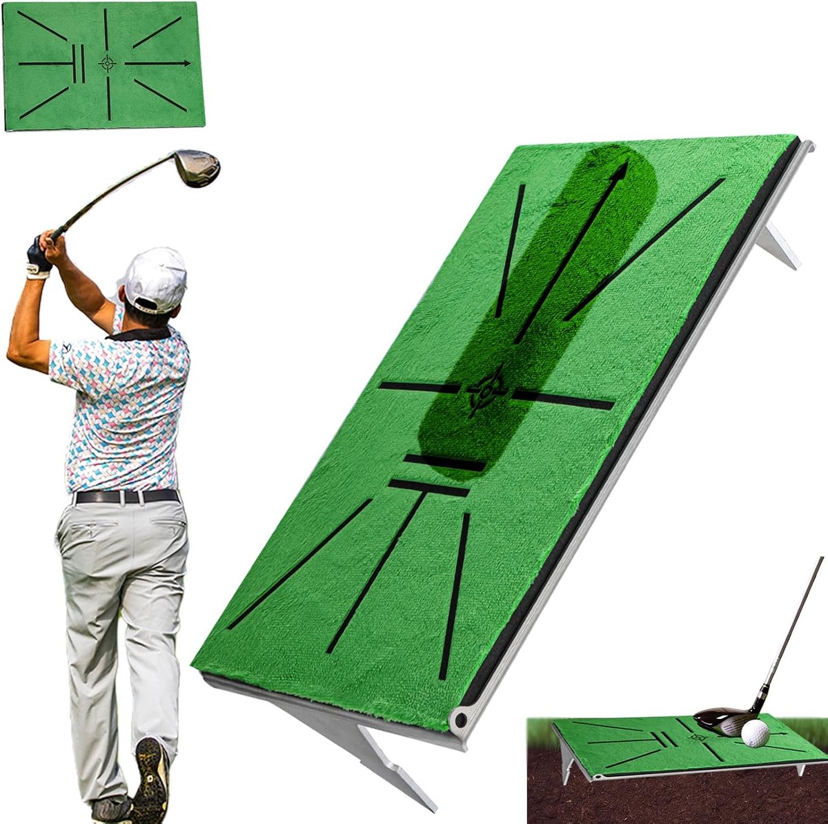 Golfslagmat - schommelpaddetectie met 35 cm x 22 cm aluminium basis 3 inch dubbele grondspikes - golfoefenmat voor buitengebruik, achtertuin en thuisbaan, swingfeedback en trainingshulp