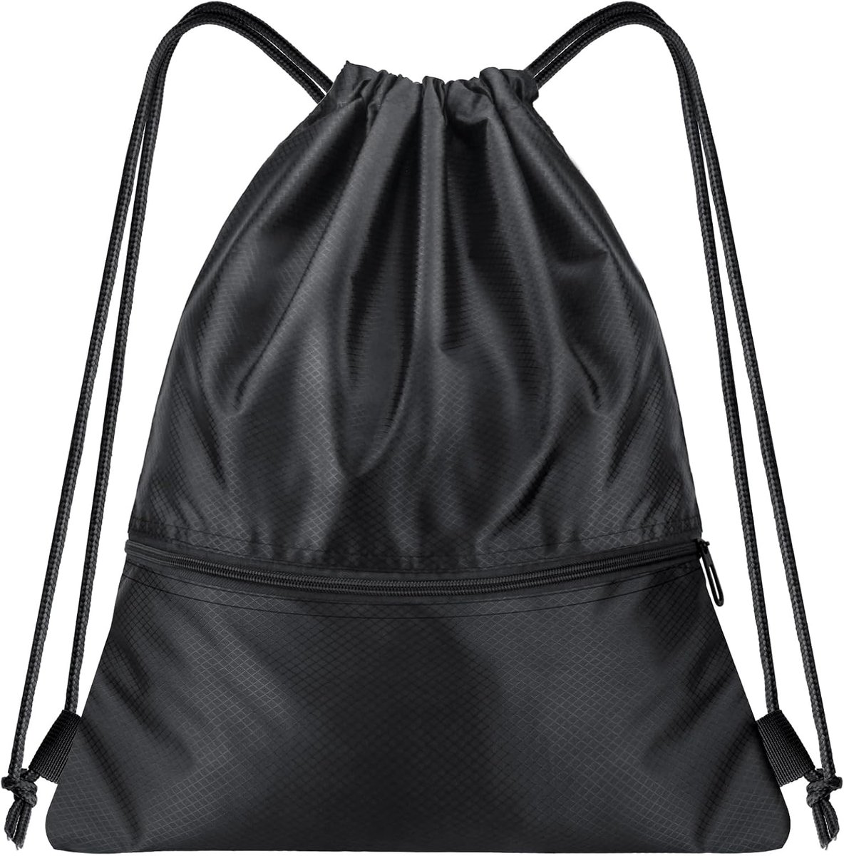PE-tas met trekkoord, Cinch-rugzak met 2 ritszakken, waterdicht, lichtgewicht gymzak, voor zwemmen, sport, school, reizen, strand, heren en dames, Zwart