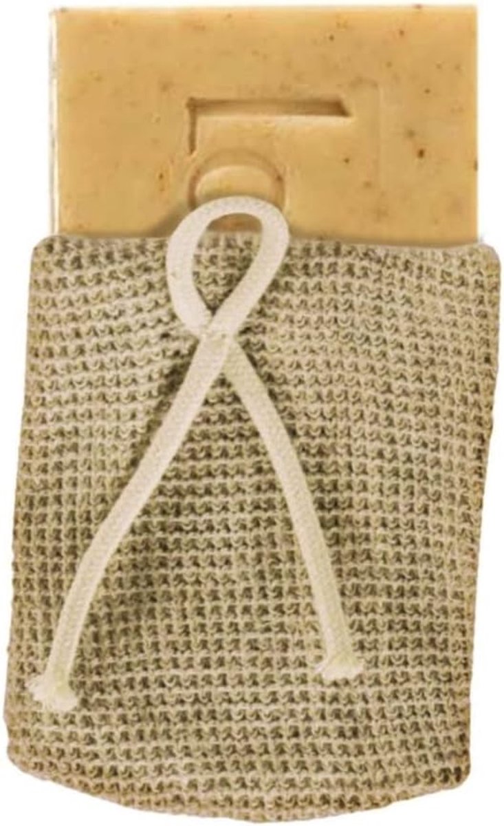 LOE5002 Exfoliërende zeepzak - 2 in 1 zeephouder & huidexfoliator voor zachte huid en langduriger zeep, trekkoord zakken gemaakt van linnen, katoen, elastaan gaas voor alle huid - 1 stuks,beige
