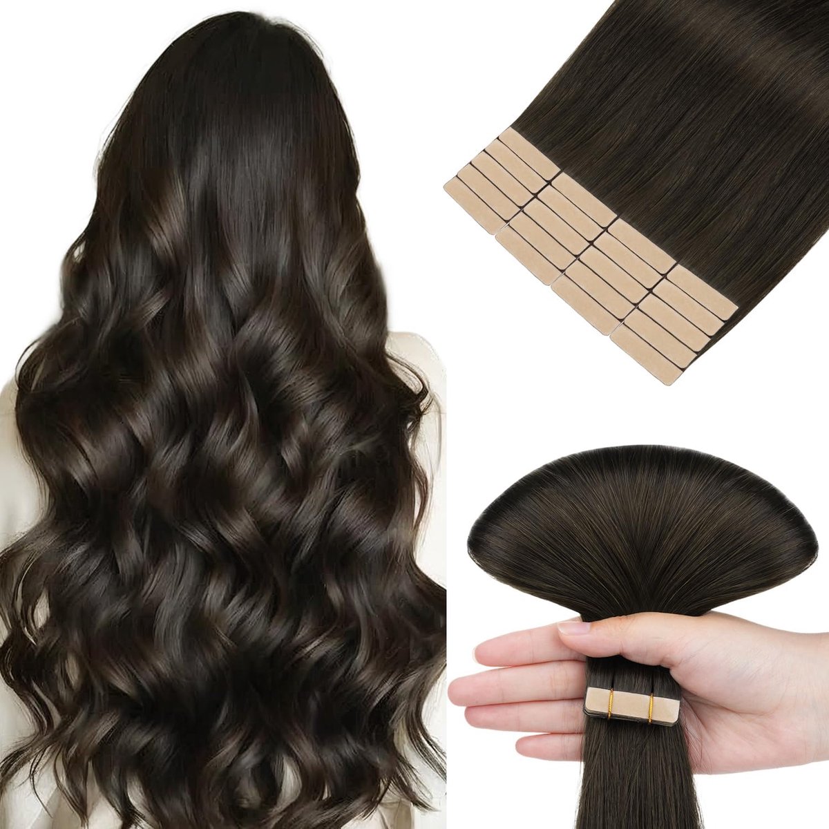 Hotbanana Tape-in extensies, echt haar, 35 cm, tape-extensies, echt haar, 10 stuks, 25 g, donkerbruin, echt Remy-haar, tape-in extensies