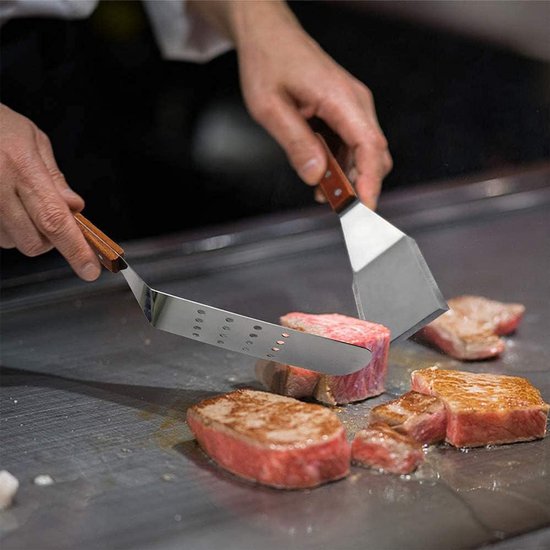 Spatelset, 3 stuks, roestvrij staal, metaal, anti-roest, houten handvat, voor barbecue, keuken, buiten, koken, teppanyaki, 3 stuks — afbeelding 4