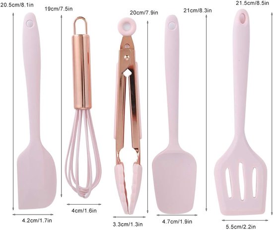 Keukengerei Set Kookgereedschap voor Thuis Keuken Bakken Non-Stick Spatel Schraper Eiklopper Roze, 5 stks — afbeelding 3