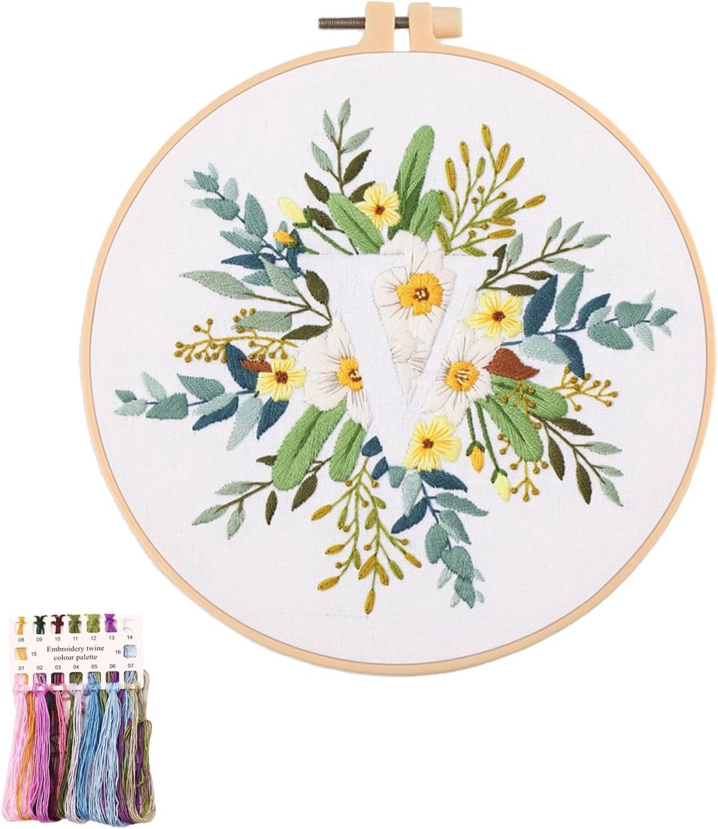 Artcici Borduurpakketten Plant Bloem Letter V Patronen voor Beginners Volwassenen, Volledige Range Borduurwerk Starter Kits Kruissteek Handwerken Benodigdheden
