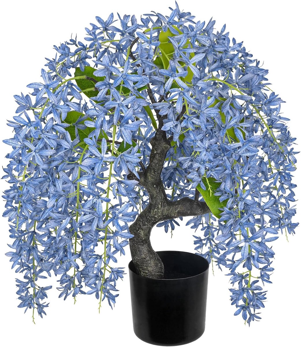 Kunstbloemen blauweregen 47 cm blauwe regen in pot, blauwe kunstbloemen als echte kunstbloemen voor tafel, plank, vensterbank, decoratie in woonkamer, slaapkamer, badkamer, eetkamer