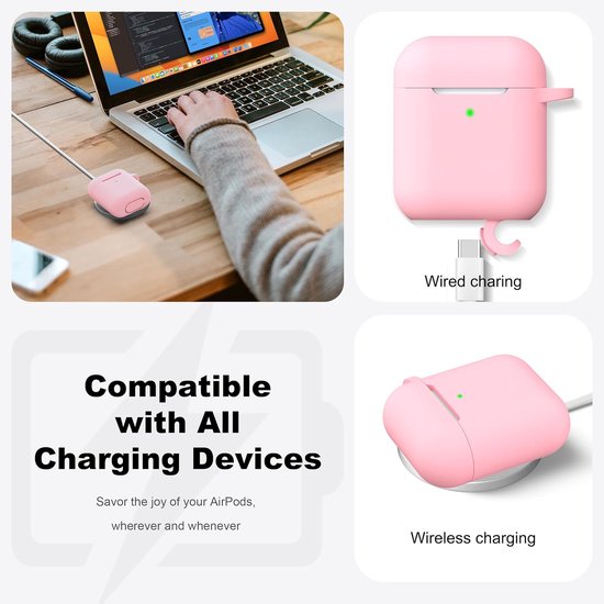 Compatibel met AirPods 2e generatie 2019,1e generatie 2016 hoes met reinigingsset en sleutelhanger,Zachte siliconen bescherming voor Apple AirPods Case,Roze — afbeelding 4