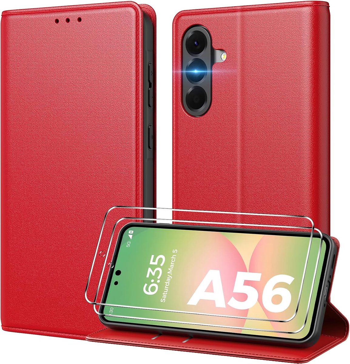 Beschermhoesje voor Samsung Galaxy A56 5G, met deksel en 2 displaybeschermfolies, kaartenvak, klaphoes voor Samsung A56 5G, PU-leren hoes met standfunctie, rood