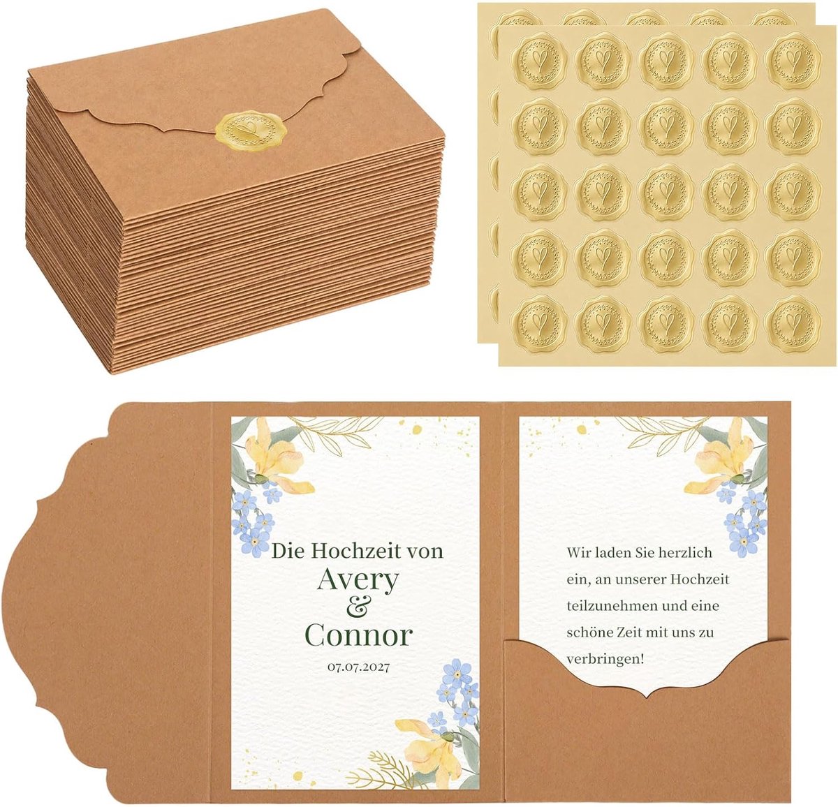 Pocketfold-enveloppen met kanten rand, pocketfold-kaart en waszegel, zelfklevend, voor bruiloft, bedankkaarten, afstudeerfeest, bruiloftskaart, verjaardagsuitnodigingen, kraftpapierkleur, 50 stuks