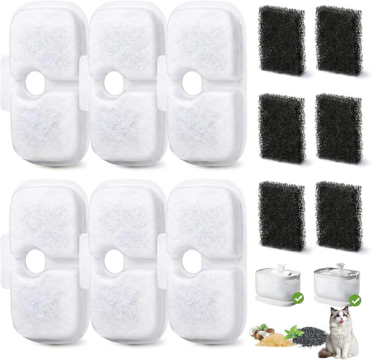 Kattenfontein, actieve koolfilter, kattenfontein, set met 6 filters en 6 sponzen, vervangingsfilter voor kattendrinkfontein, waterfontein, filter voor katten als rond filter