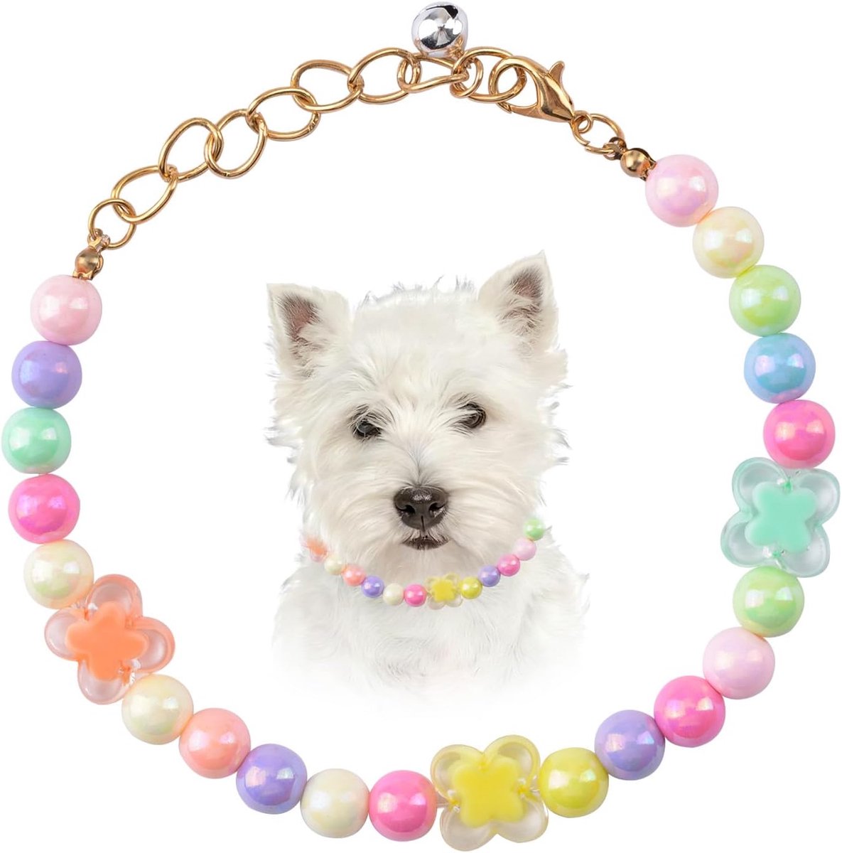 Regenboog kralen hondenhalsband,Snoep kralen handgemaakte mooie hond kraag met bel ketting sieraden verstelbare huisdier parel kraag voor katten puppy