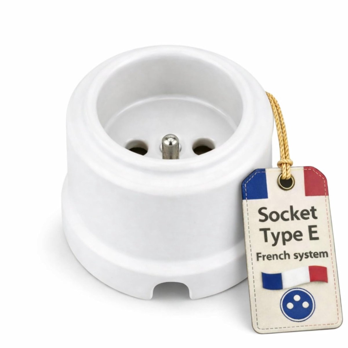 Porseleinen retro stopcontact, all-in-one, serie QR1 wit, type E, Frans