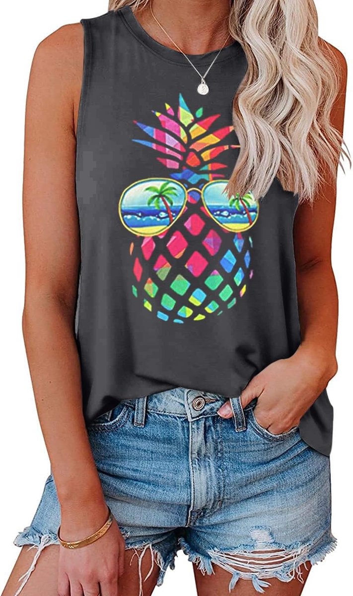 Tanktop voor dames, zomertop, ronde hals, print, mouwloos T-shirt, losse pasvorm