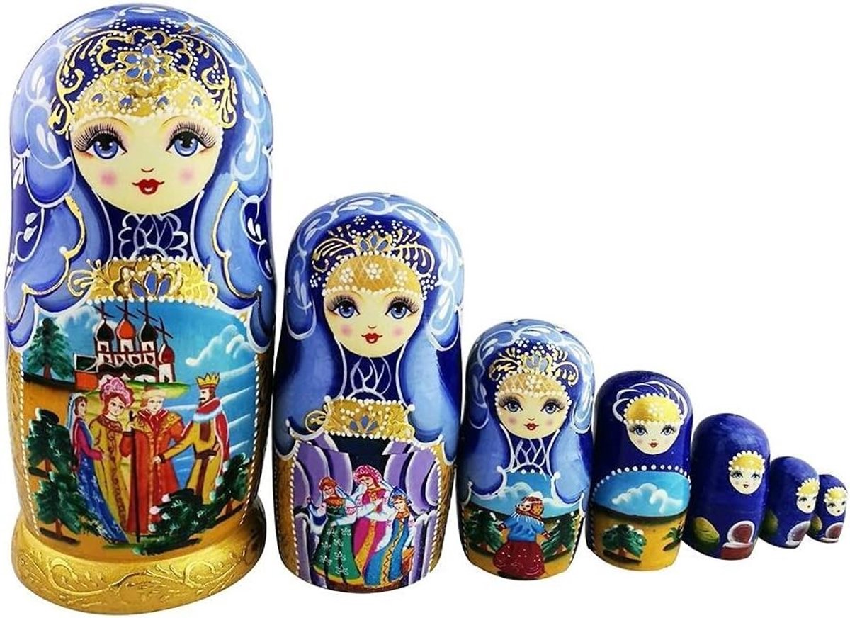 Set van 7 Stukken Houten Stapel Speelgoed met Glazuur in Blauw en Goud - Traditionele Russische Matryoshka Poppen voor Kinderen, Perfect als Souvenir en Educatief Speelgoed