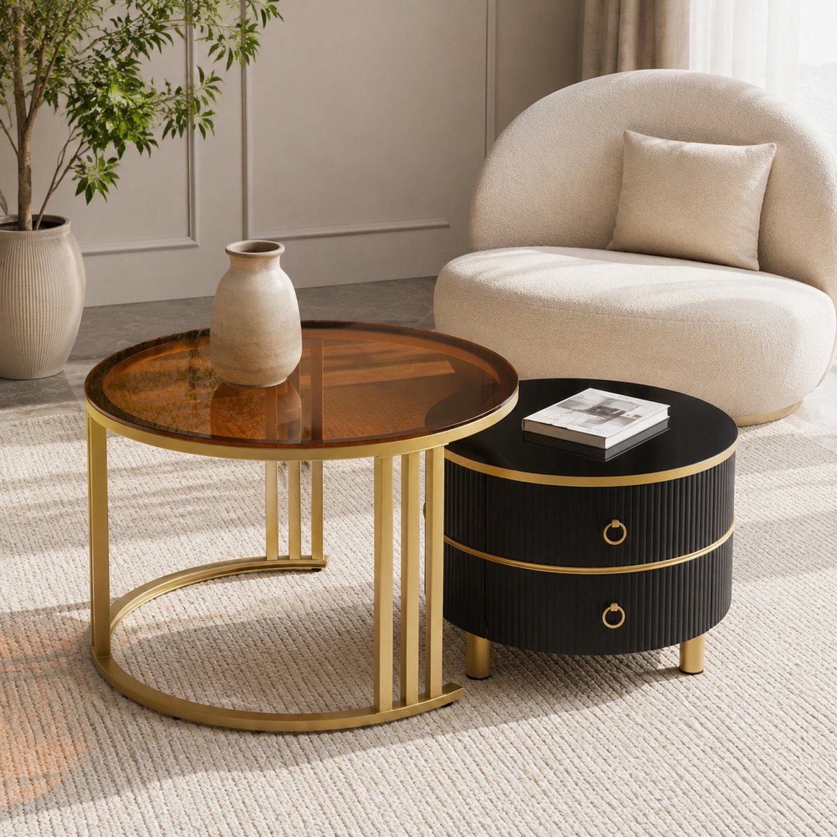 MEUNIQ ronde salontafelset 2-delig met 2 lades, hoogglans MDF en bruin gehard glazen blad, 70 en 50 cm, zwart en goud voor woonkamer