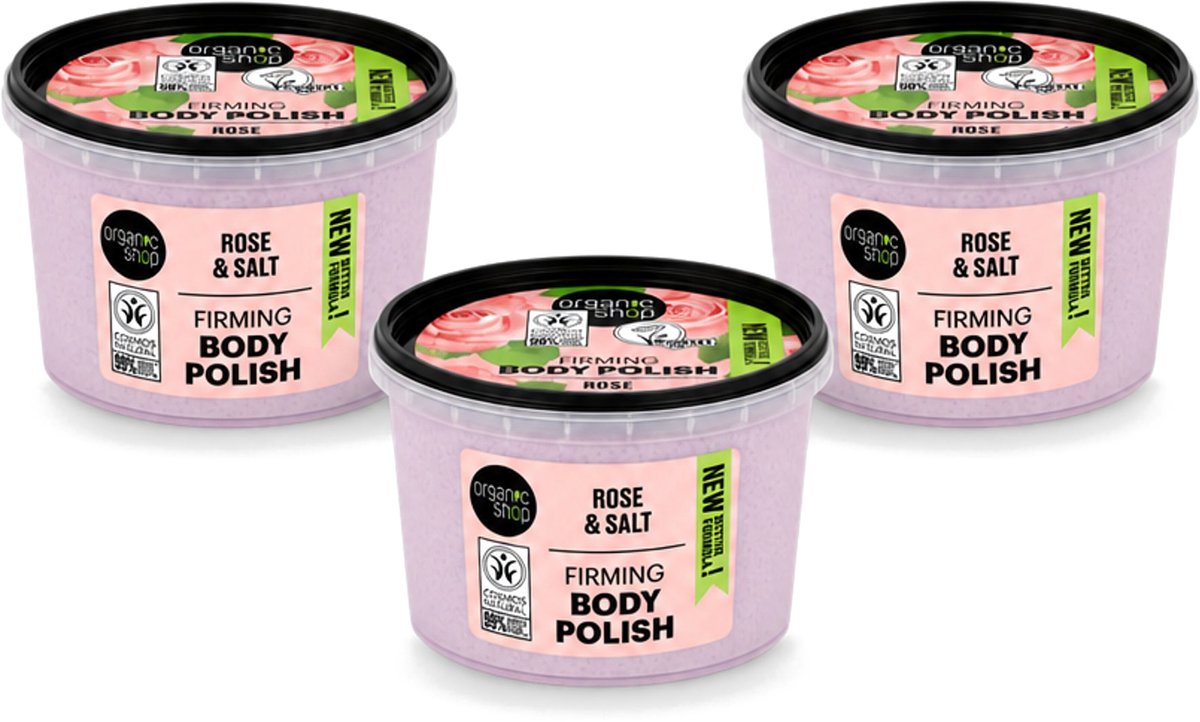 3 x Organic Shop - Body Scrub Rose - Hydraterend en Verzorgend - 250 ml - Voordeelverpakking - 3 stuks