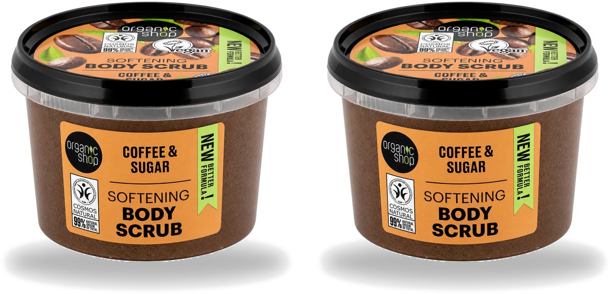 2 x Organic Shop - Organic Coffee & Sugar Body Scrub - Hydraterend en Peeling - 250 ml - Voordeelverpakking - 2 stuks