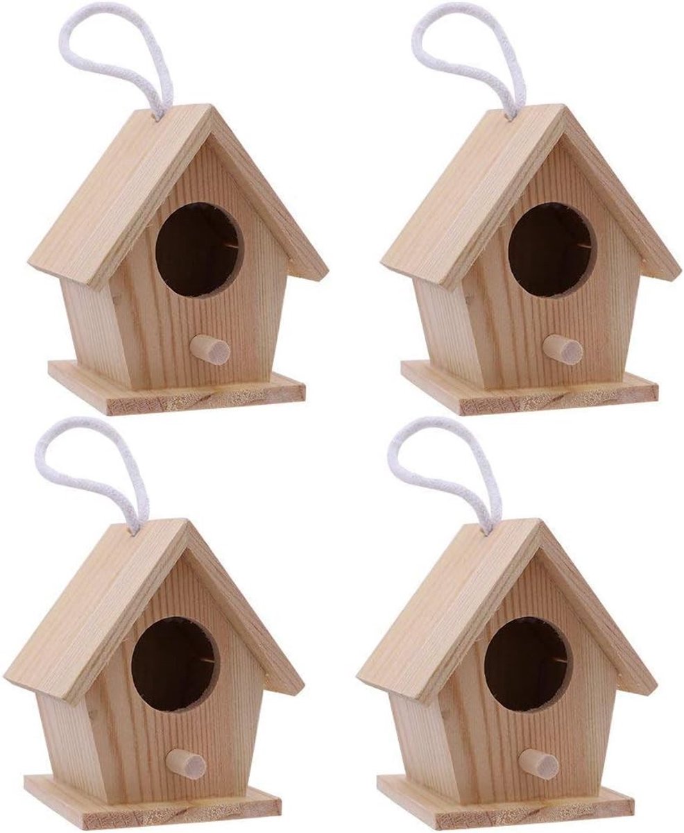 Houten Vogelhuisje voor Decoratie en Schilderen, Nestkast voor Kinderen, Hangdecoratie en Creatieve Activiteiten, Set van 4 Stuks