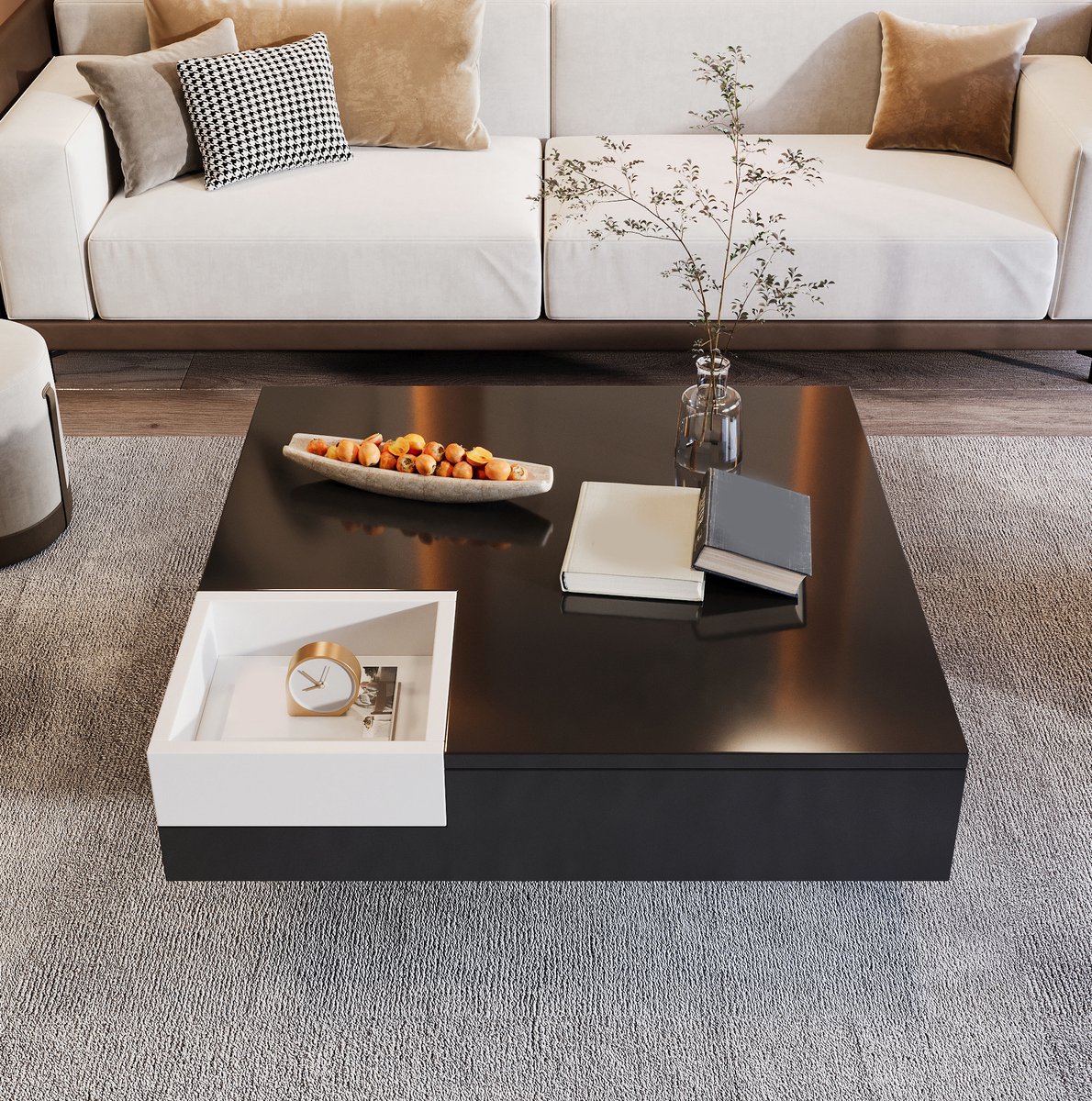 MEUNIQ Salontafel 72 x 72 x 30 cm met afneembare opbergbox, meerkleurige LED-verlichting en hoogglans zwart-wit design voor de woonkamer