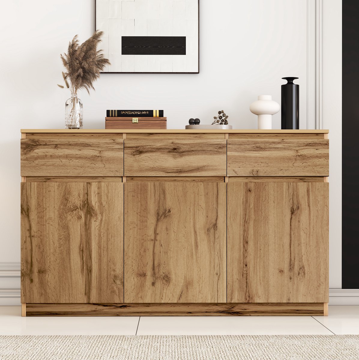MEUNIQ Dressoir 135 x 40 x 81 cm met 3 deuren, 3 lades en verstelbare legplanken - naturel houtlook voor eetkamer en woonkamer