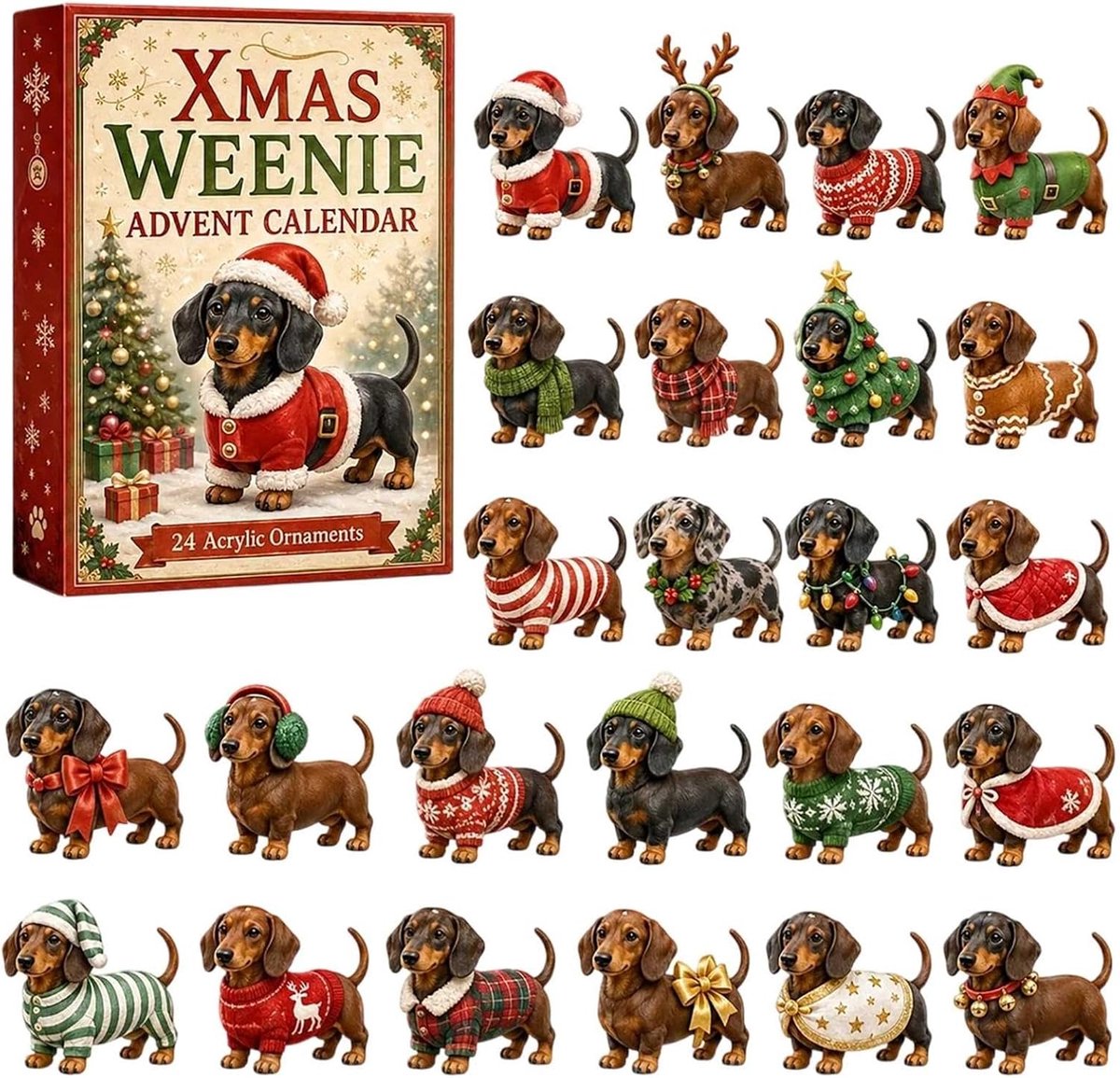 Casalora Kerst Aftelkalender 2026 – 24 Dagen Countdown met 24 2D Acryl Decoraties – Kerst Cadeau en Tafeldecoratie–- Voor Kinderen en Volwassenen - Teckel Thema