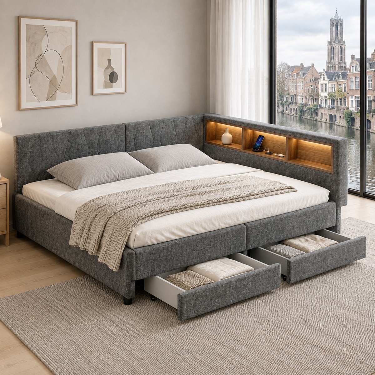 WUVRIE Slaapbank 140x200 cm met 2 lades, opbergruimte, LED-verlichting, USB en Type-C, lattenbodem, grijs