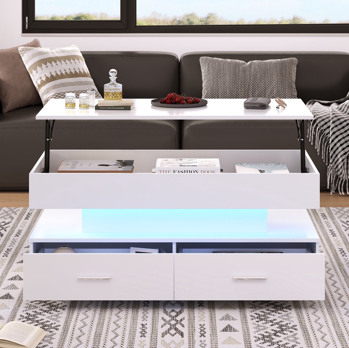 MEUNIQ Hydraulisch hoogteverstelbare salontafel 100 x 50 cm met LED-verlichting, Bluetooth-app, 2 laden en verborgen opbergruimte, wit