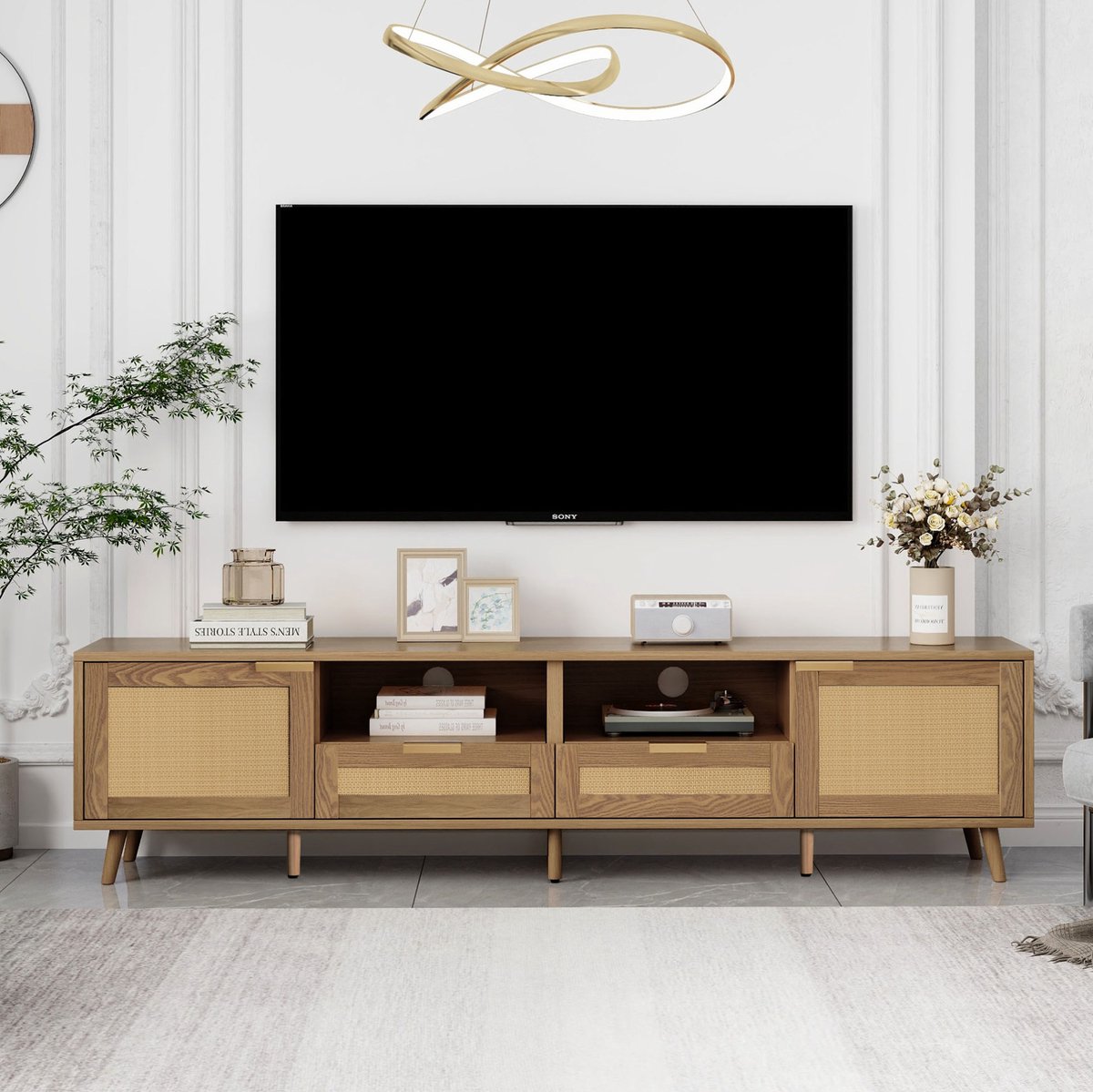 MEUNIQ TV-meubel 200 x 37 x 49 cm met 2 lades, 2 deuren, open vakken, verstelbare middenpoten en rattanlook voor woonkamer, eiken