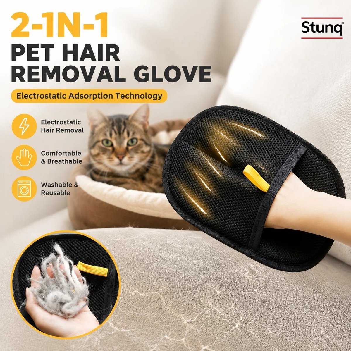 Stunq® 2-in-1 Huisdierenharen Verwijderhandschoen Zwart