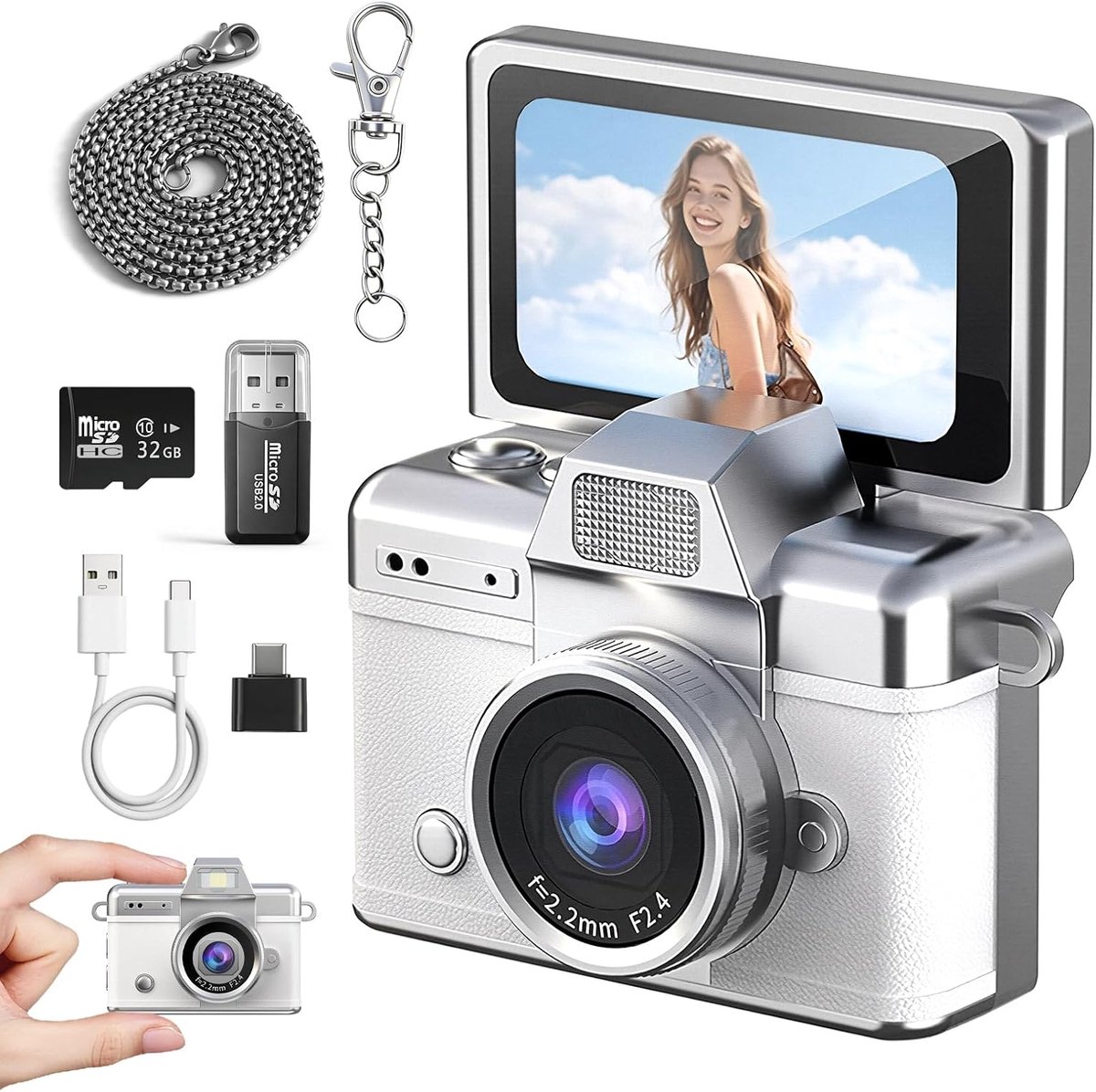 Mini Sleutelhanger Camera - HD Digitale Camera - Ultracompact & Retro Design - 32GB SD-kaart - USB-kaartlezer Adapter - Draagbare Mini Camera voor Reizen, Studie & Dagelijks Vloggen - Wit