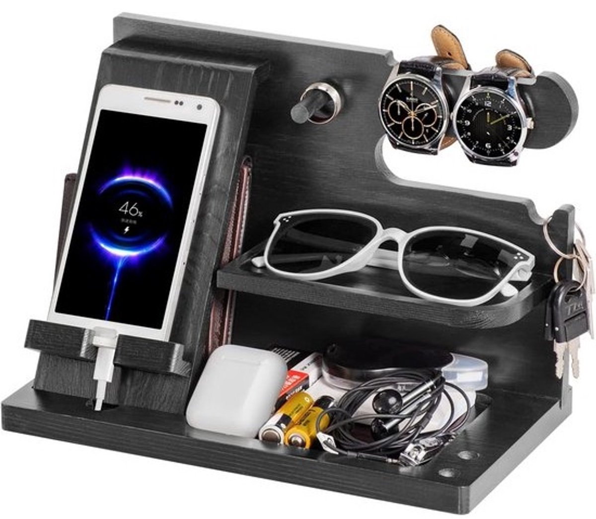 Houten Oplaadstation en Organiser voor Telefoon, Sleutels en Accessoires