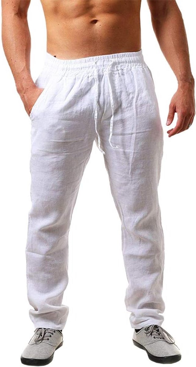 Linnen herenbroek, effen, lang, licht, zomerbroek, losse pasvorm, vrijetijdsbroek met trekkoord, voor vakantie, strand, dagelijks gebruik