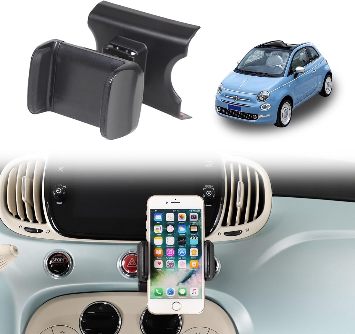 Auto telefoonhouder voor Fiat 500 2007-2016-2024 Draaibare vaste telefoonhouder voor auto geschikt voor iPhone Android en universeel smartphones Mount (Clip/A-stijl)