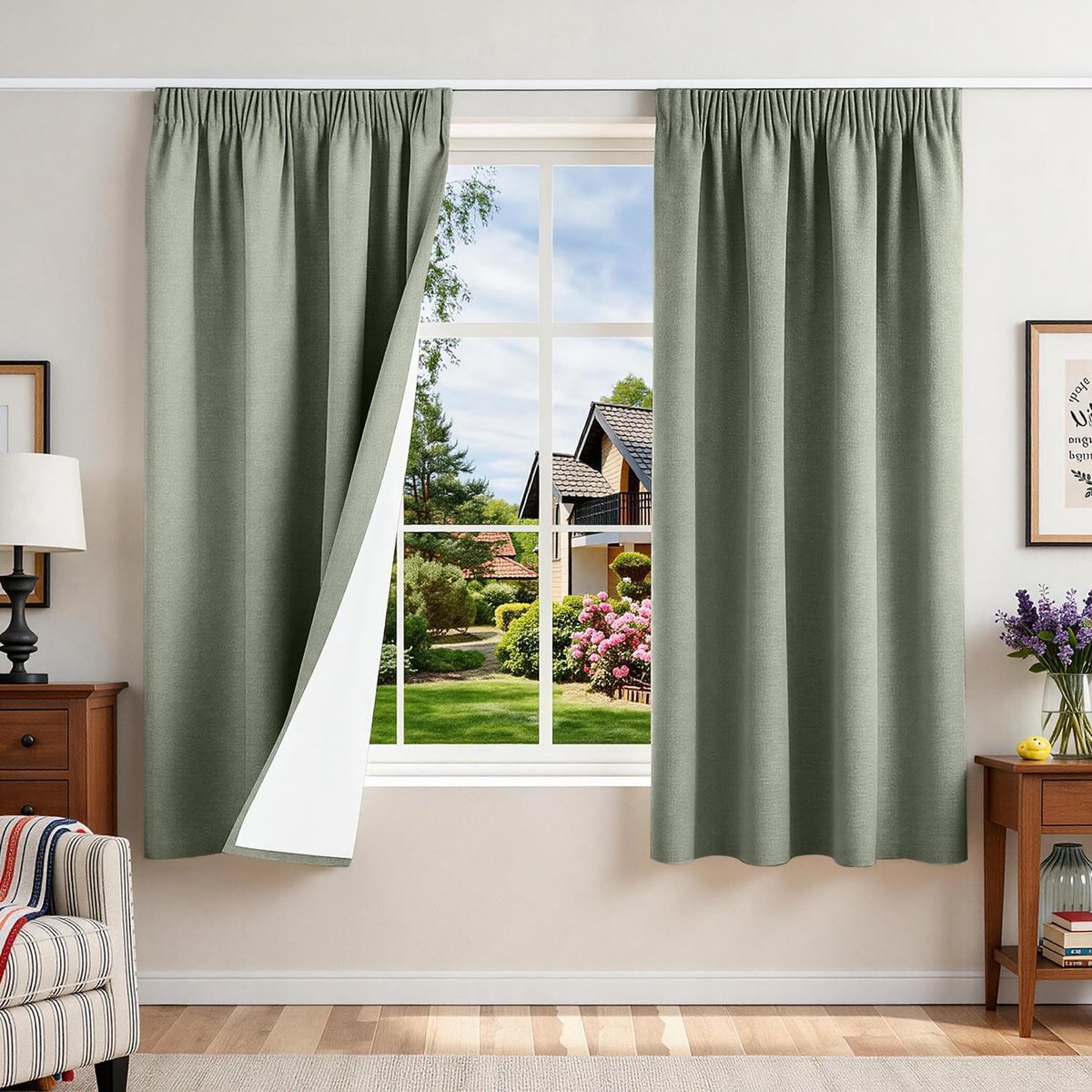 100% Verduisterend Gordijn met Plooiband, Thermisch Isolerend Anti Kou, Set van 2, 120x180(BxH) Linnen Gordijnen voor Rail, voor Slaapkamer/Woonkamer, Anti Warmte/Getal, Saliegroen