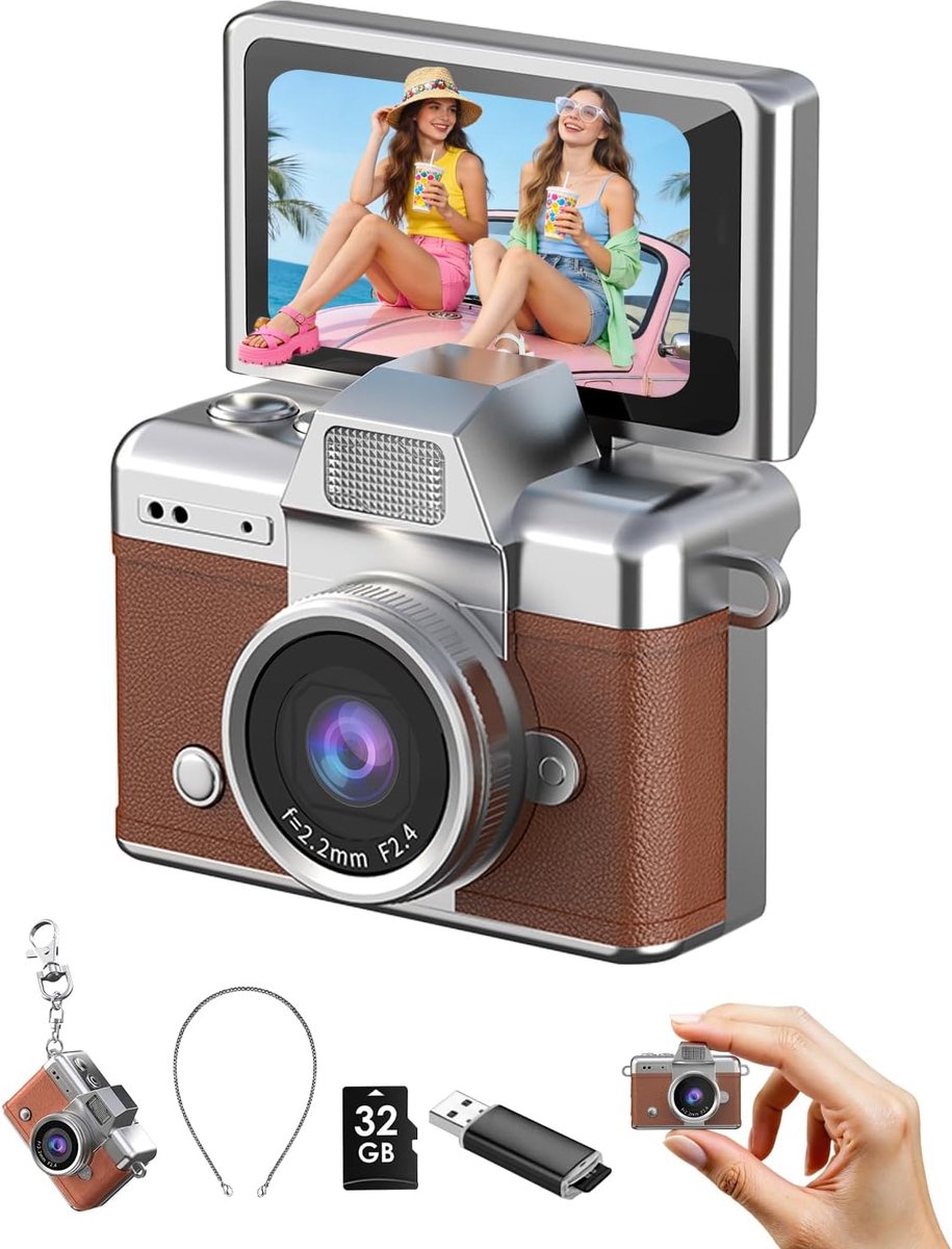 Mini Sleutelhanger Camera - 1080P Draagbare Digitale Camera - 1,47" Flip-LCD-scherm & Flitser - Retro Pocketcamera - 32GB Geheugenkaart - Compact voor Reizen, Feestjes & Verjaardagen - Bruin