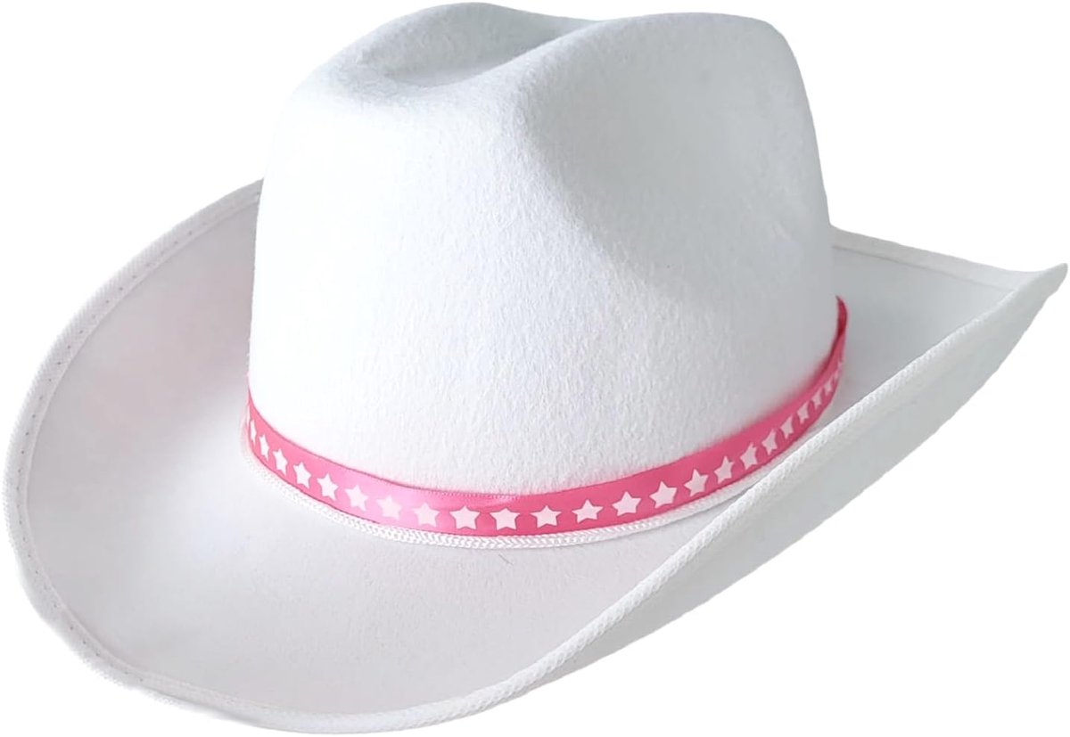 Cowboyhoed met roze band, versierd met witte sterren in westernstijl voor dames, carnaval, Halloween, party, kostuum, verkleedkleding