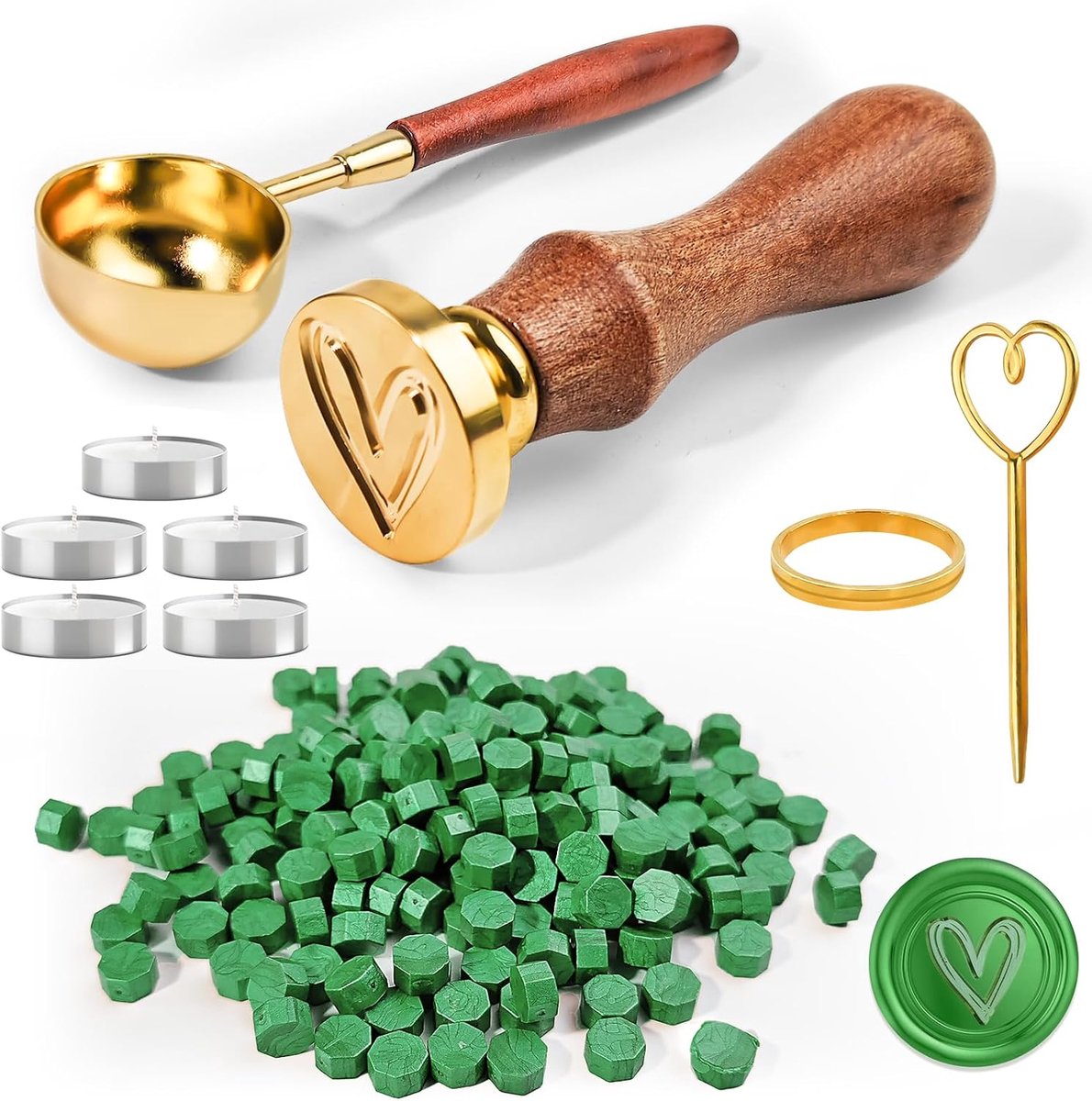 200 stuks Zegelwaskralen, Groene Zegelkralen, Achthoekige Waszegelset, Verzegelwas, Wasparels, met 5 Theekaarsen, Waslepel, Waszegelstempel, voor Enveloppen, Uitnodigingen, Kaarten, Cadeau