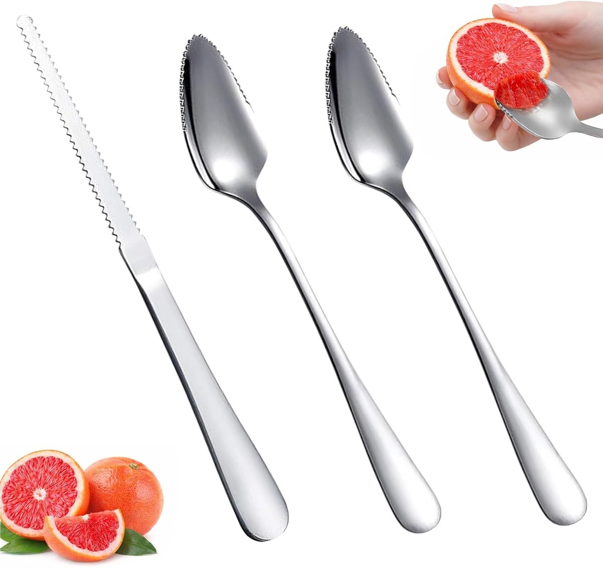 Set van 3 lepels van grapefruit, de set bevat 2 kiwi lepels en 1 grapefruitmes, roestvrijstalen kiwillepel met gekartelde rand voor kiwi-appels en grapefruits (zilver)