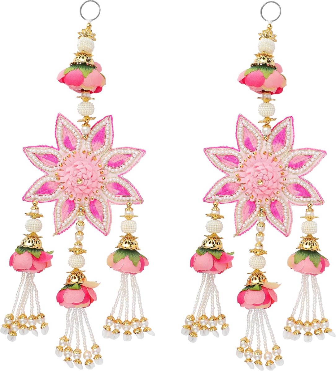 Set of 2 Door Hanging with Artificial Rose Flower Made up of MDF Cloth Flower Wooden Beads Home Wall Temple Door Festival Hanging Indian Traditional Festival Diwali Decorations(Size:-16"X5") (Pink)