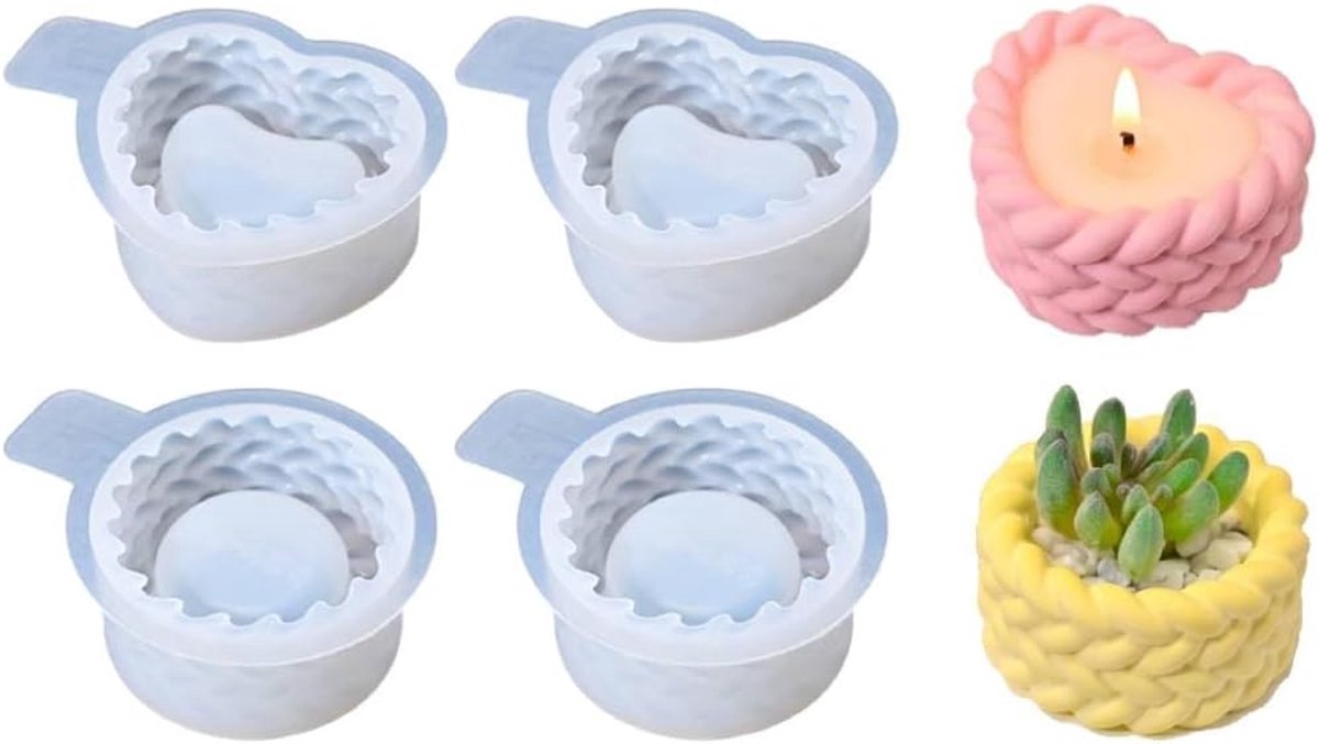 Kaarsvorm, set van 4 vormen (2 rond en 2 hart) met 3D-gevlochten textuur, voor het maken van kaarsen, betonvazen en harsobjecten
