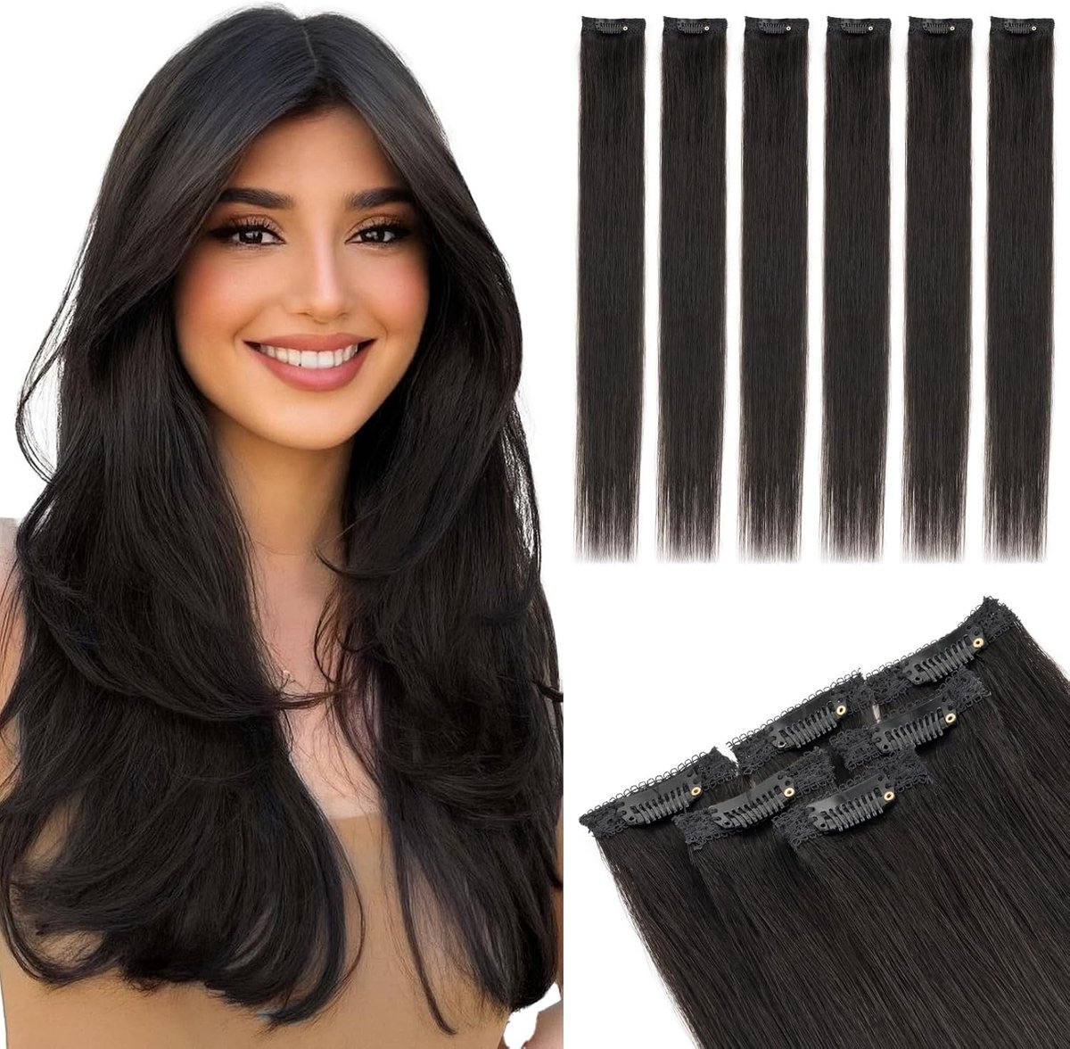 Clip-in extensies van echt haar, 6 stuks, 30 cm, haarverlenging, natuurlijk, Single Clip Hair Extension highlights voor vrouwen, glad, Natuurlijk Zwart (#1B, 33g)