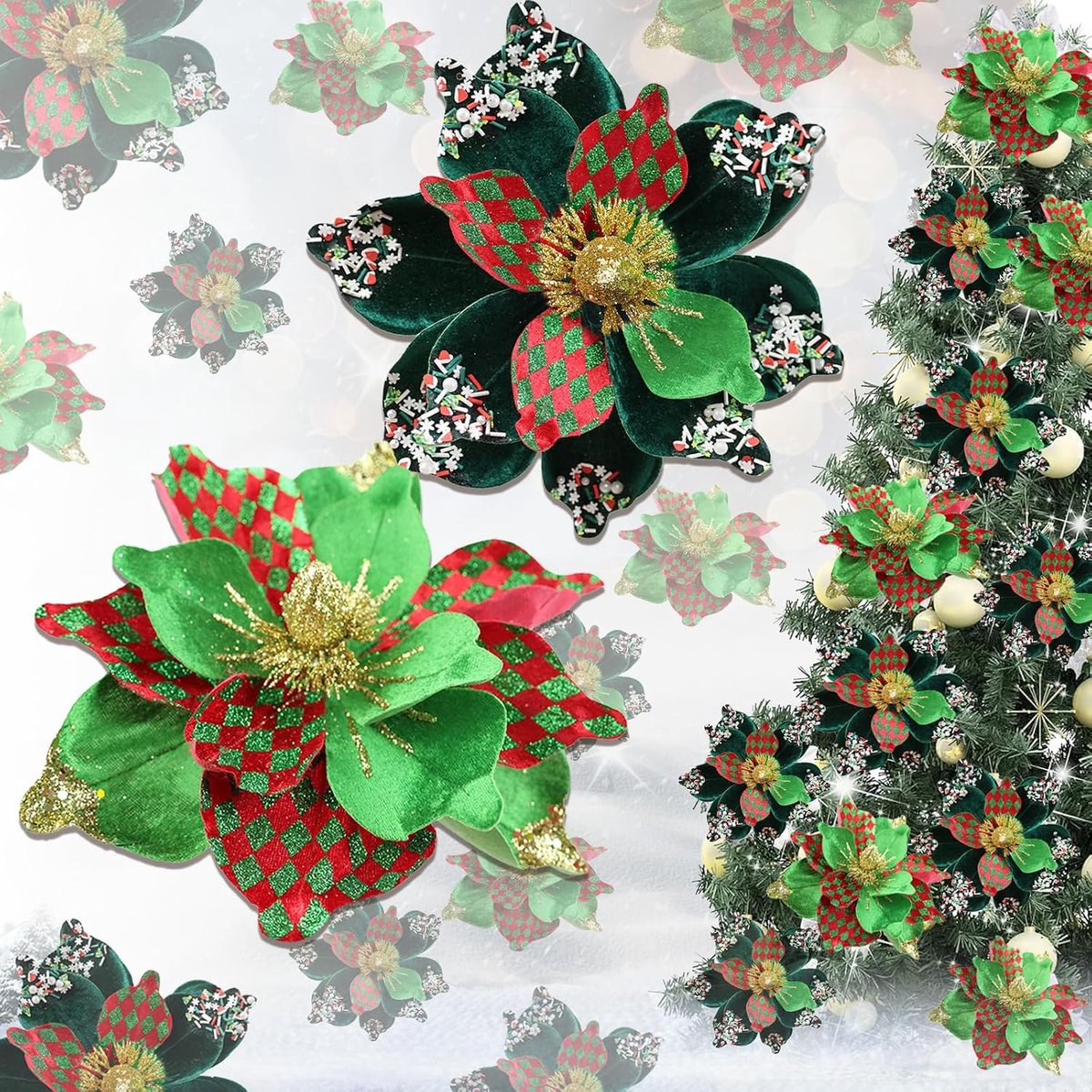 2 stuks grote kerststerren kerstdecoraties glitter bloemen, 26 cm groen rood kunstmatige kerstboom bloemen decor met stengels, nepbloemen voor kerstboom slinger krans Nieuwjaar decoratie