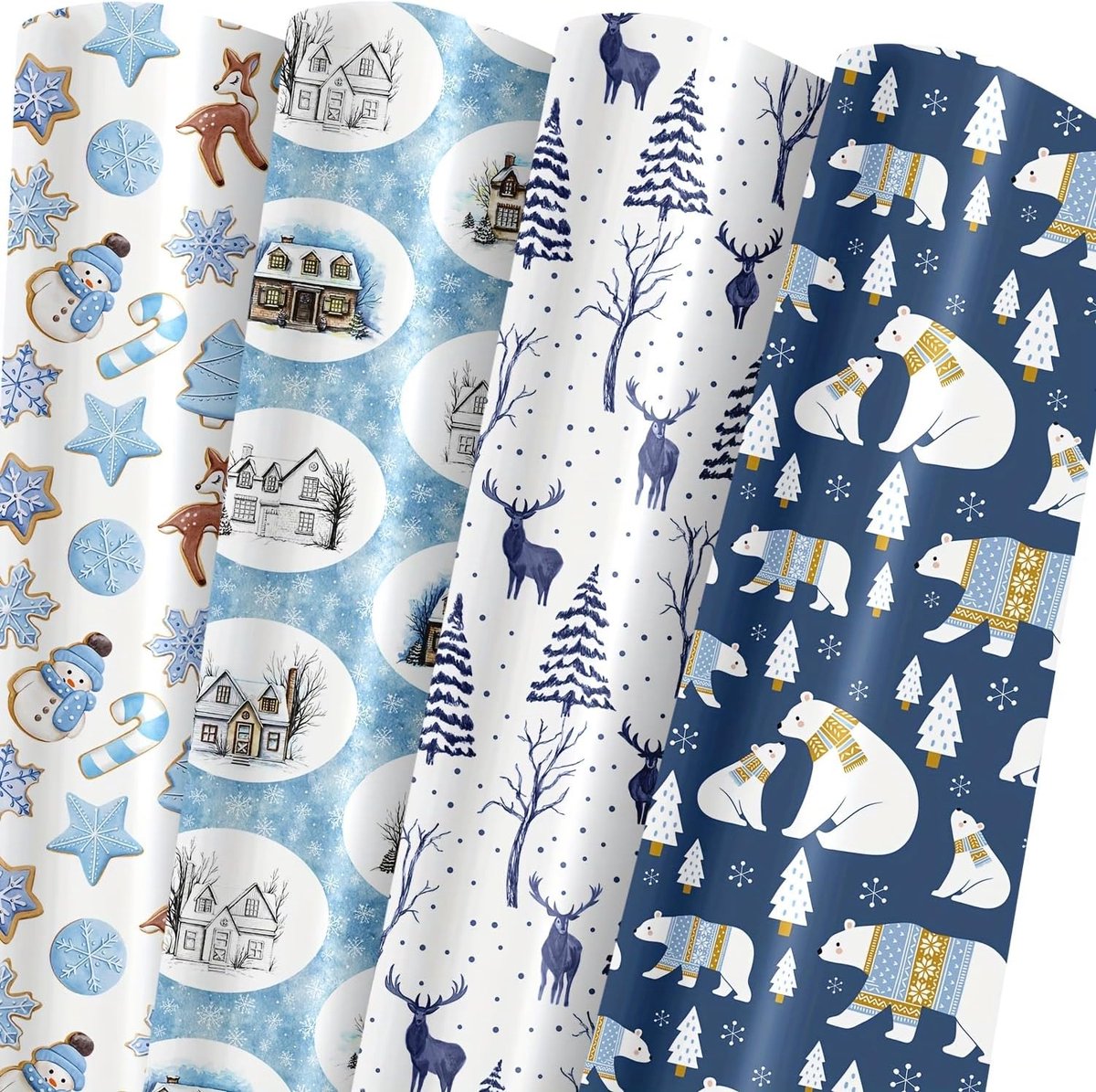Cadeaupapier, 8 vellen blauw kerstcadeaupapier, winterwoud en rendieren, ijsberen, landhuizen, kerstkoekjesmotieven voor Kerstmis, verjaardag, feestdagen, feesten, babyfeestjes, 50 cm x 70 cm per