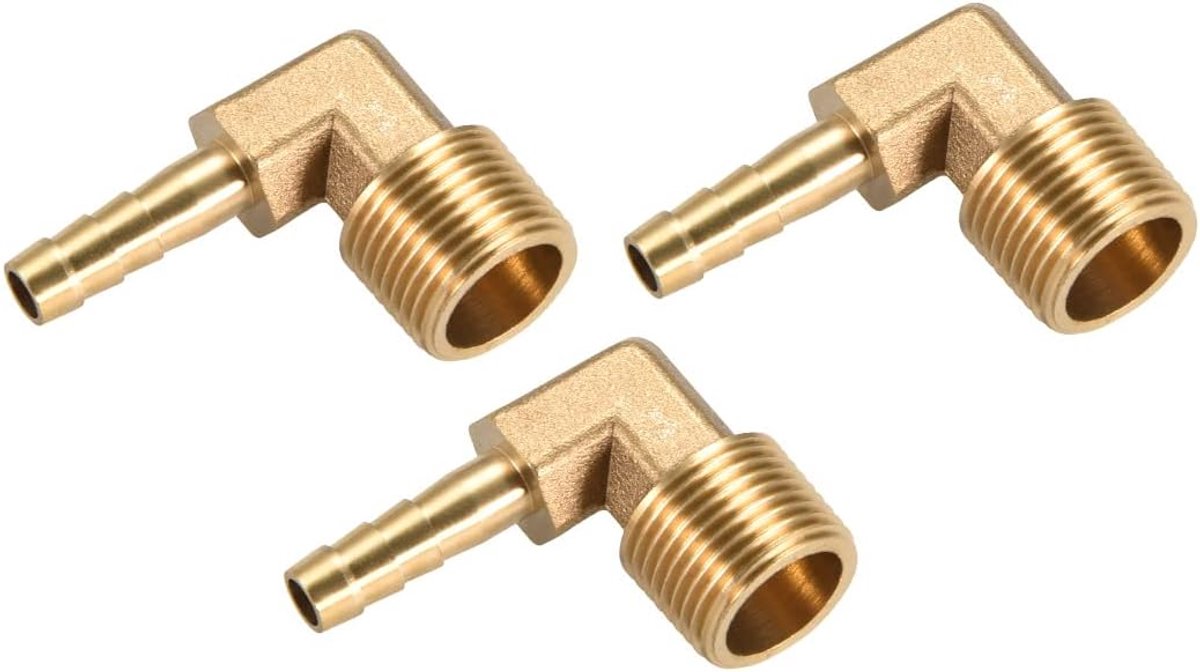 3 stuks messing buizen, weerhaken, schroefverbindingen, 90 graden hoek, messing, 6 mm, weerhaken, reductiemiddel, toepassing voor waterbrandstof (3/8 PT stekkerkabel)