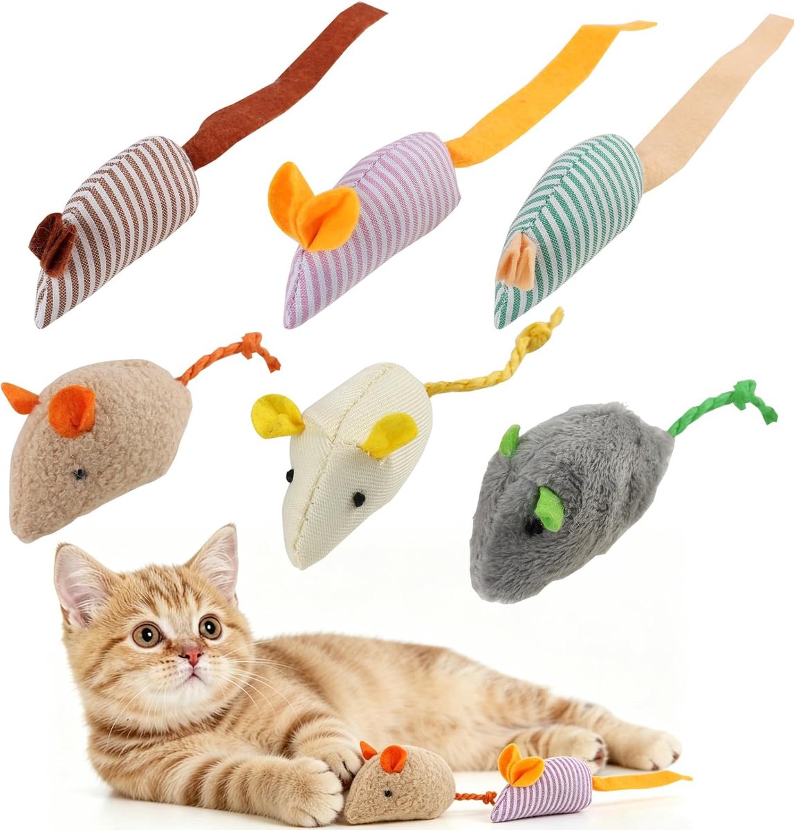 6-delige pluche muis voor katten, muisspeelgoed met lange staart ter bevordering van het jachtinstinct, zacht kattenkruidspeelgoed, interactief kattenspeelgoed